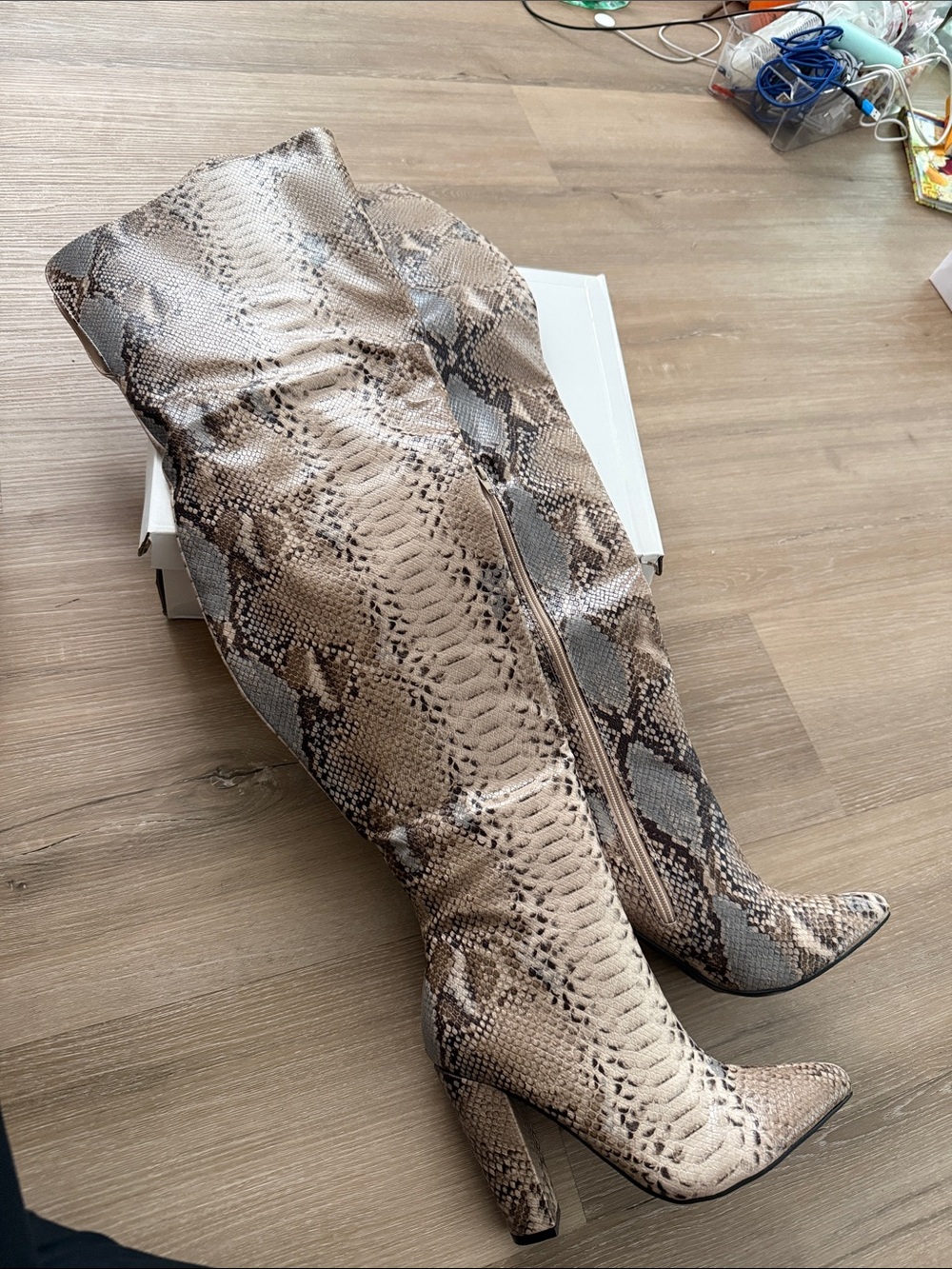 BAMBOO Taupe Snake-Print Thigh-High Boots - Picture 2 of 2